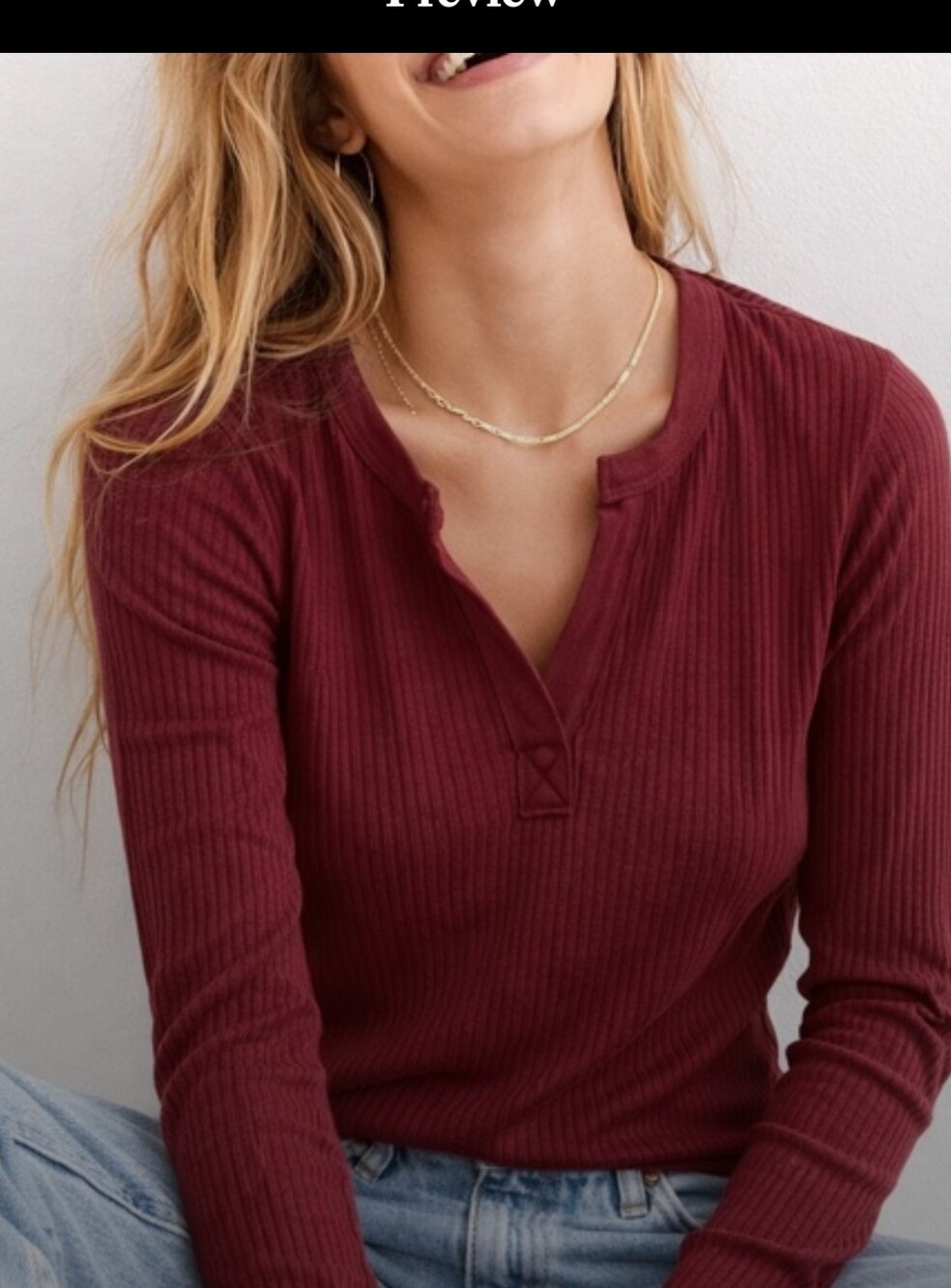 Aerie | Ribbed Long Sleeve Top | Size S Burgundy Henley